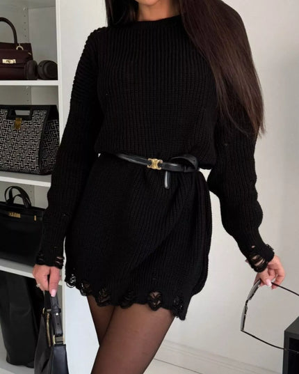 Distressed Round Neck Drop Shoulder Sweater Dress