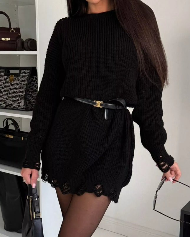 Distressed Round Neck Drop Shoulder Sweater Dress