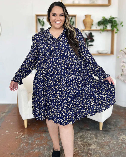 Double Take Full Size Printed Ruffle Hem Long Sleeve Tiered Dress