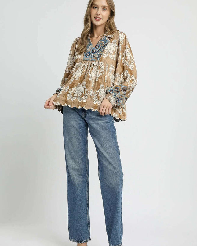 Umgee Floral Boho Blouse with Scalloped Hem
