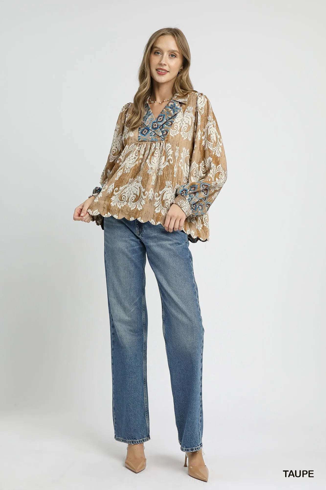 Umgee Floral Boho Blouse with Scalloped Hem