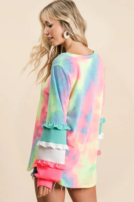 BiBi Tie Dye V Neck Top with Color Block Sleeves