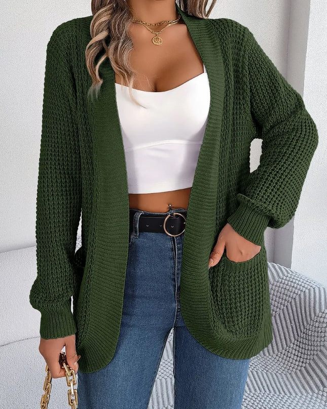 Open Front Long Sleeve Cardigan with Pockets Army Green