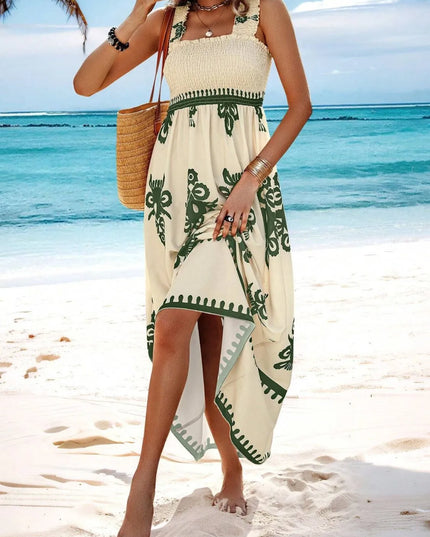 Smocked Printed Wide Strap Maxi Dress 