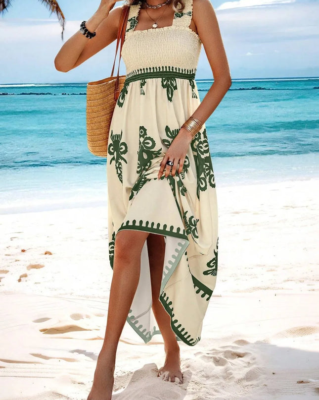 Smocked Printed Wide Strap Maxi Dress 