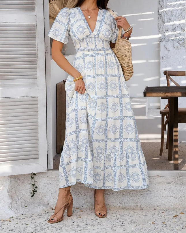 Devine Smocked Printed V-Neck Short Sleeve Maxi Dress