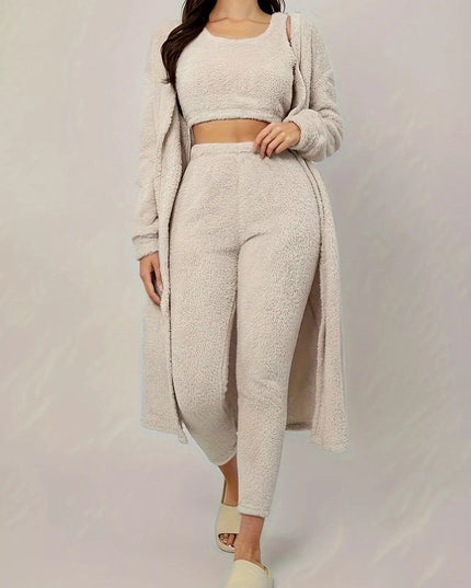 Fuzzy Tank Long Sleeve Cardigan and Pants 3-Piece Lounge Set White