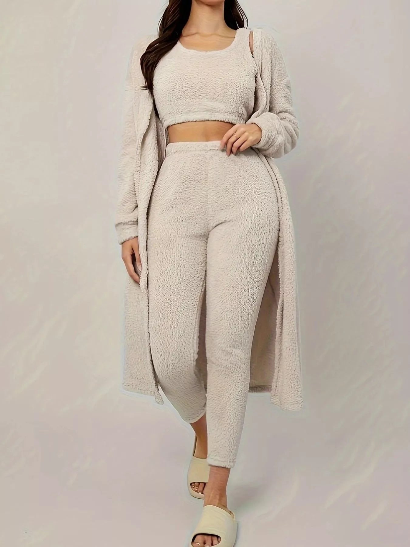 Fuzzy Tank Long Sleeve Cardigan and Pants 3-Piece Lounge Set White