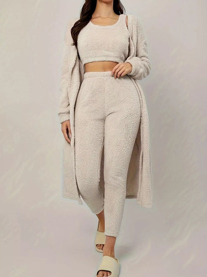 Fuzzy Tank Long Sleeve Cardigan and Pants 3-Piece Lounge Set White