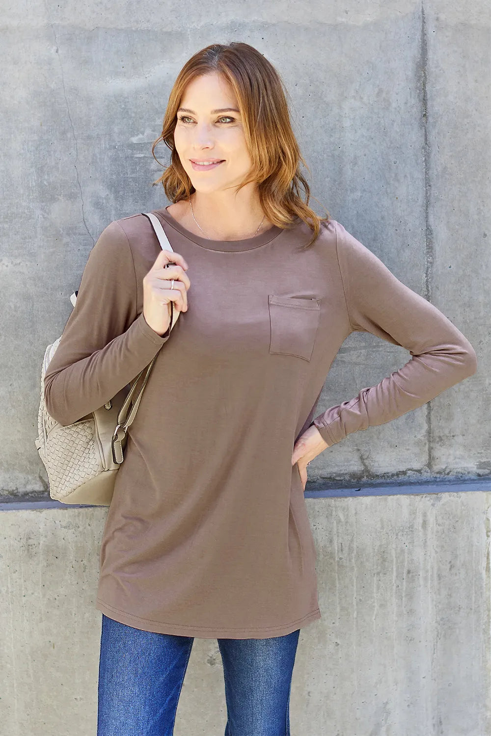 Basic Bae Full Size Round Neck Long Sleeve Top Mocha