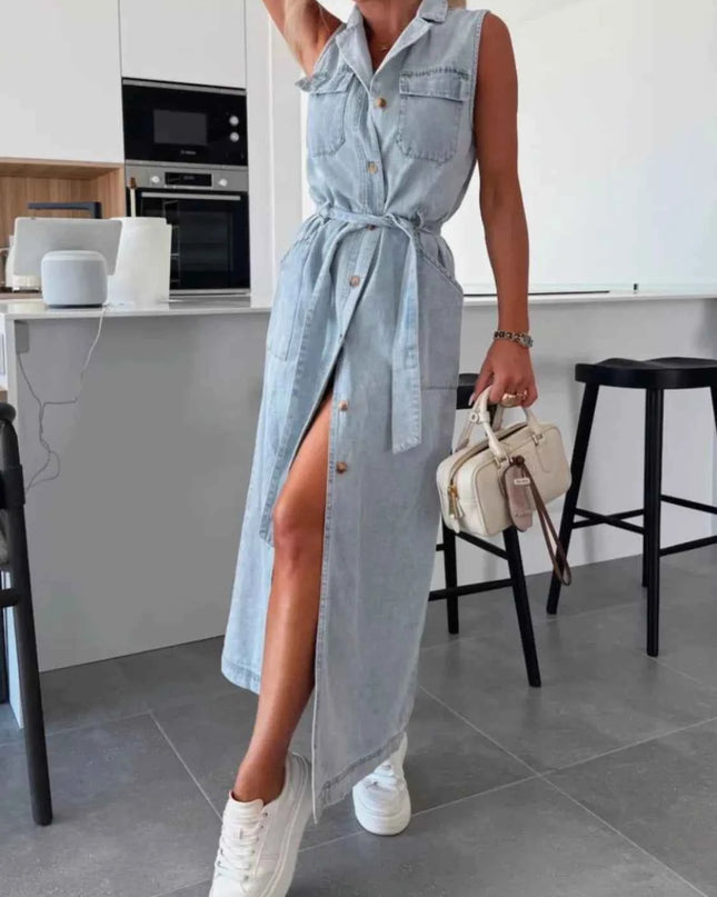 Button Front Sleeveless Denim Dress