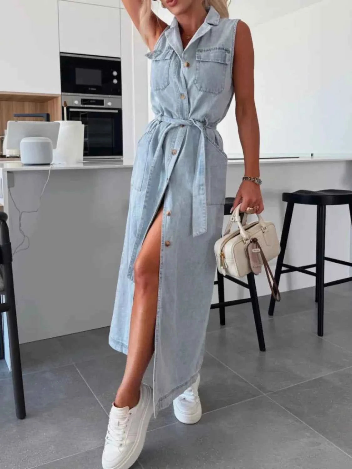 Button Front Sleeveless Denim Dress