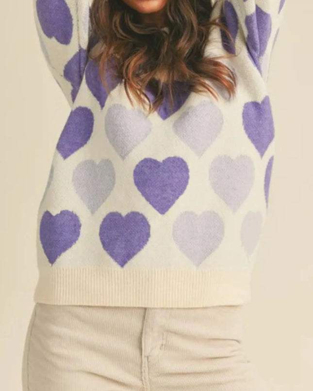 Heart Ribbed Hem Long Sleeve Sweater