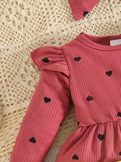 Children's Heart Print Dress & Headband Set