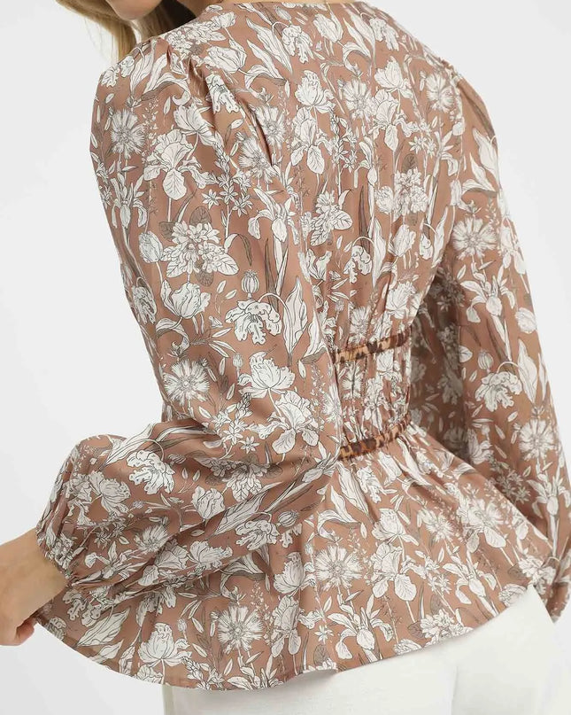 Umgee Floral Smocked Peplum Blouse with Tie Detail