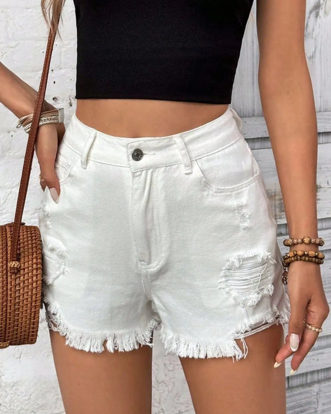 Distressed Raw Hem High Rise Denim Shorts
