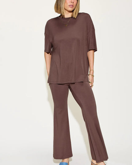 Basic Bae Full Size Bamboo Drop Shoulder T-Shirt and Flare Pants Set