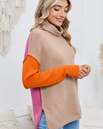 Turtle Neck Dropped Shoulder Slit Sweater