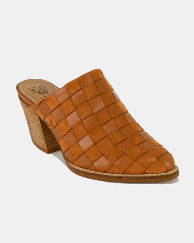 Beast Fashion Woven Checkerboard Block Heel Mule Shoes Caramel