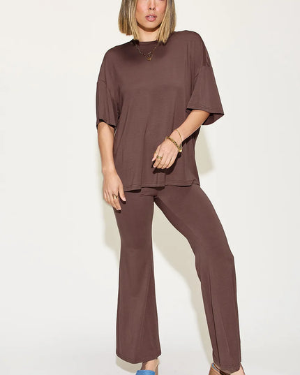 Basic Bae Full Size Bamboo Drop Shoulder T-Shirt and Flare Pants Set Chocolate