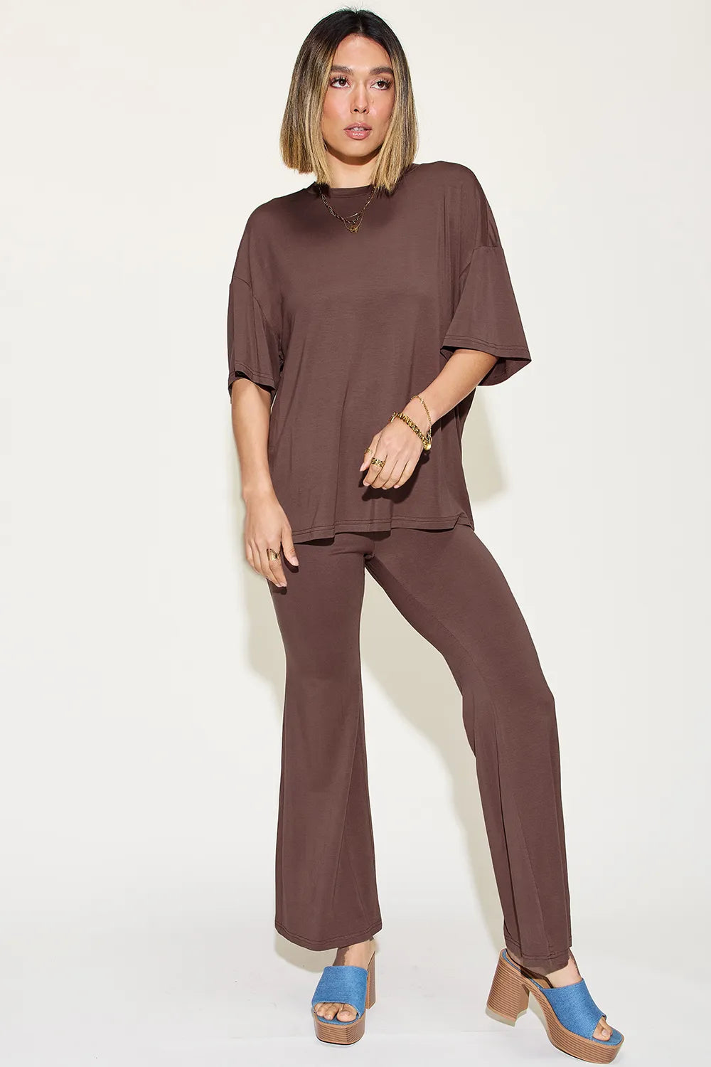 Basic Bae Full Size Bamboo Drop Shoulder T-Shirt and Flare Pants Set Chocolate