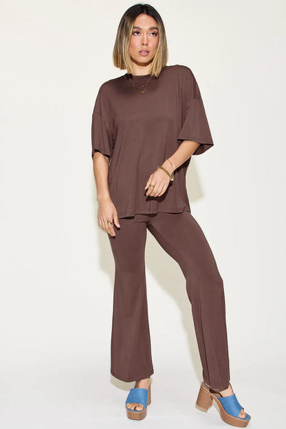 Basic Bae Full Size Bamboo Drop Shoulder T-Shirt and Flare Pants Set Chocolate