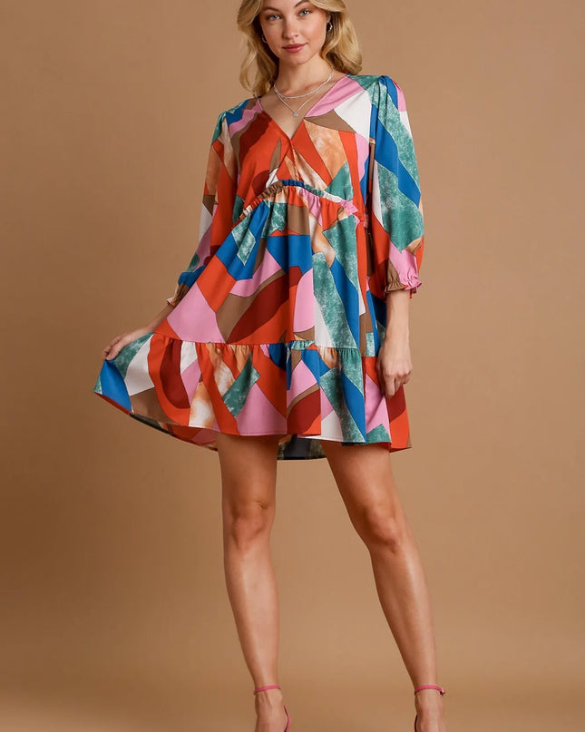 Umgee Abstract V-Neck Tiered Printed Dress WINE MIX