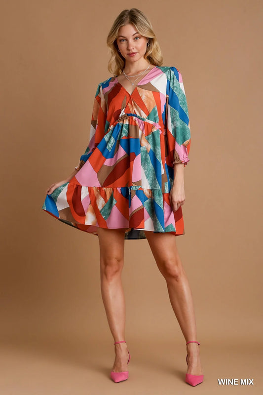 Umgee Abstract V-Neck Tiered Printed Dress WINE MIX