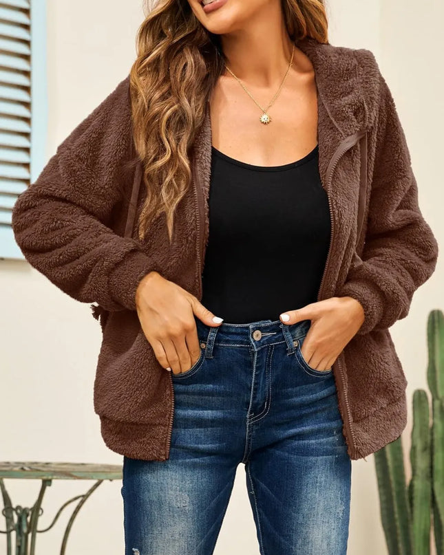 Drawstring Zip Up Hooded Plush Jacket