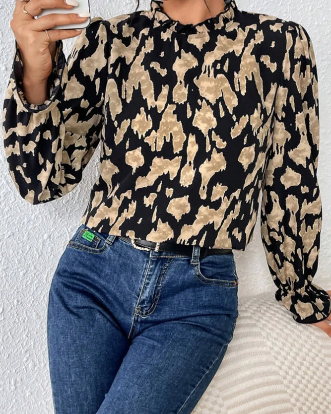 Frill Leopard Mock Neck Flounce Sleeve Blouse