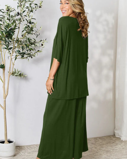 Double Take Full Size Round Neck Slit Top and Pants Set