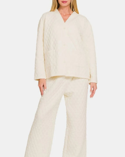 Zenana Quilted Button Up Long Sleeve Top and Pants Lounge Set Cream