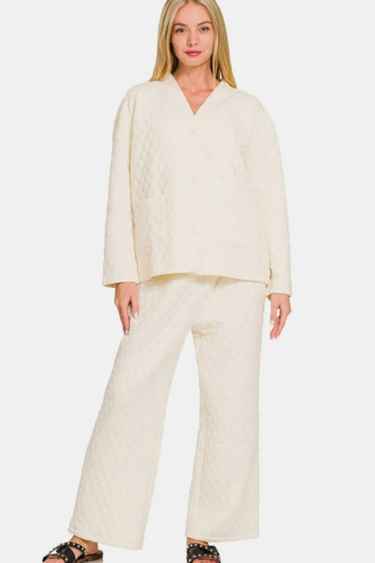 Zenana Quilted Button Up Long Sleeve Top and Pants Lounge Set Cream