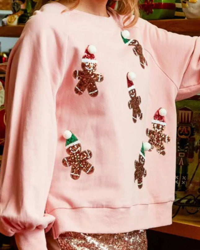 Christmas Sequin Gingerbread Round Neck Sweatshirt