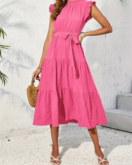 Frill Mock Neck Ruffled Cap Sleeve Midi Dress