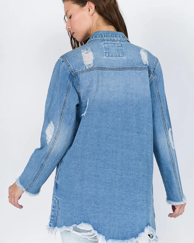 American Bazi Distressed Frayed Hem Denim Jacket 