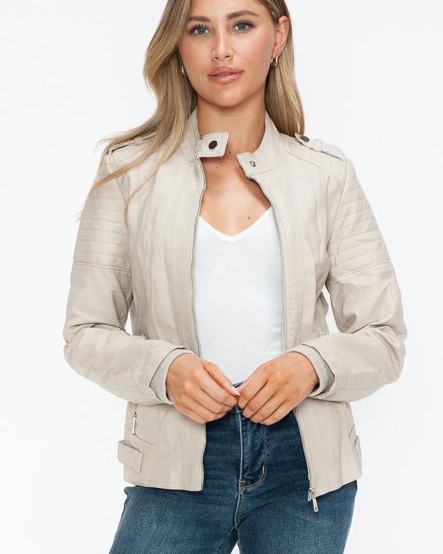 Snobbish PU Leather Biker Jacket with Side Zip Pockets