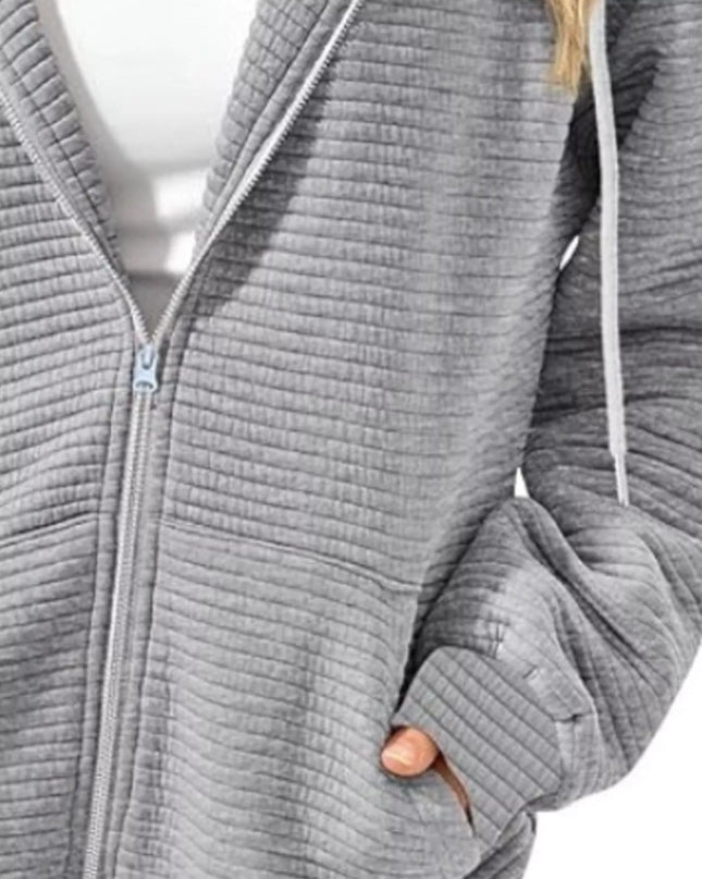 Drawstring Zip Up Dropped Shoulder Hoodie