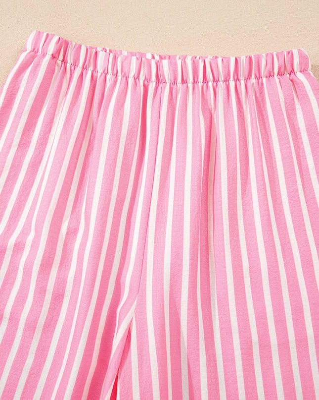 Stripe Buttoned Front Long Sleeve Top and Pants 2 Piece Sleepwear