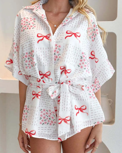 Printed Tie Waist Romper White