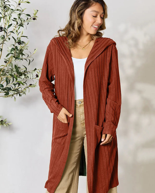 Basic Bae Full Size Hooded Sweater Cardigan Rust