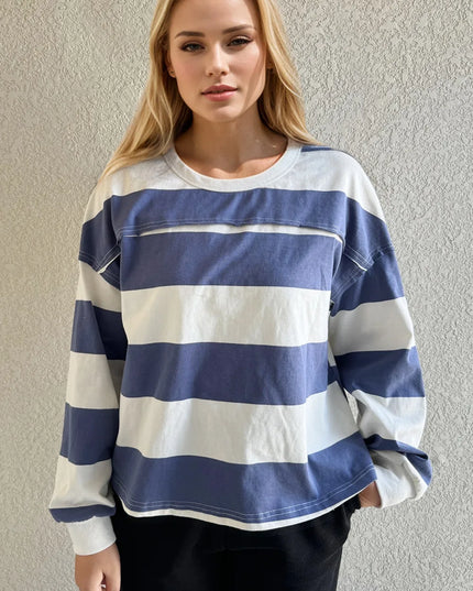 Oh Pima Cotton Wash Exposed Seam Contrast Striped Round Neck Long Sleeve T-Shirt