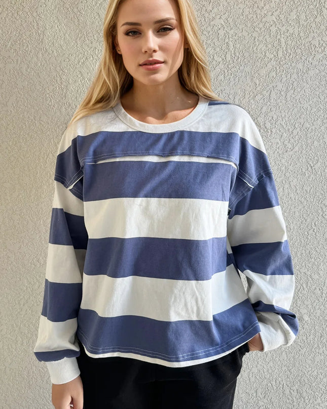 Oh Pima Cotton Wash Exposed Seam Contrast Striped Round Neck Long Sleeve T-Shirt