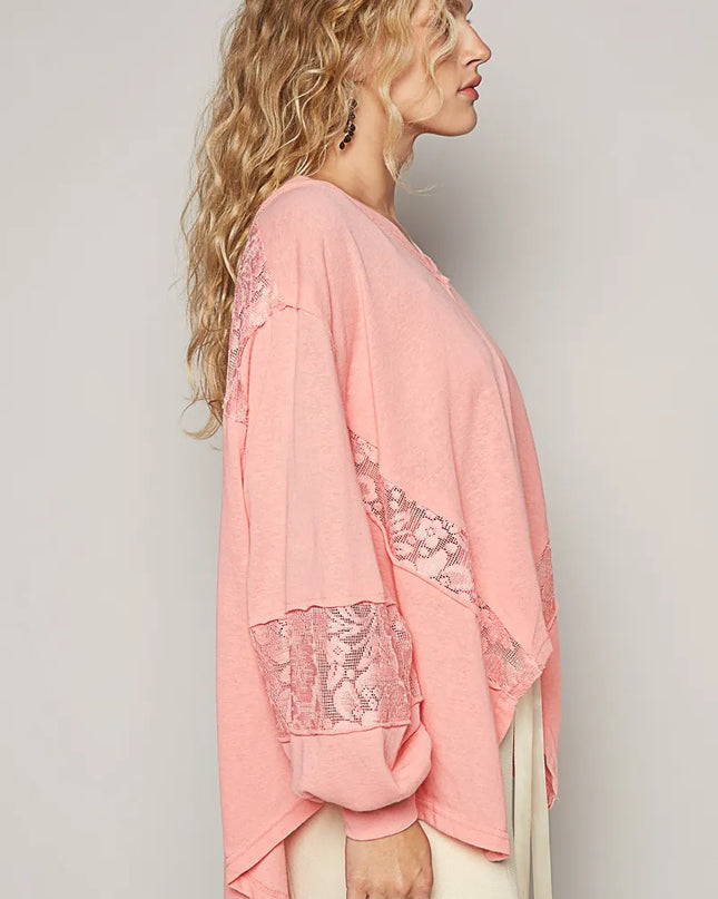 POL V-Neck Long Sleeve T-Shirt with Lace Detail 