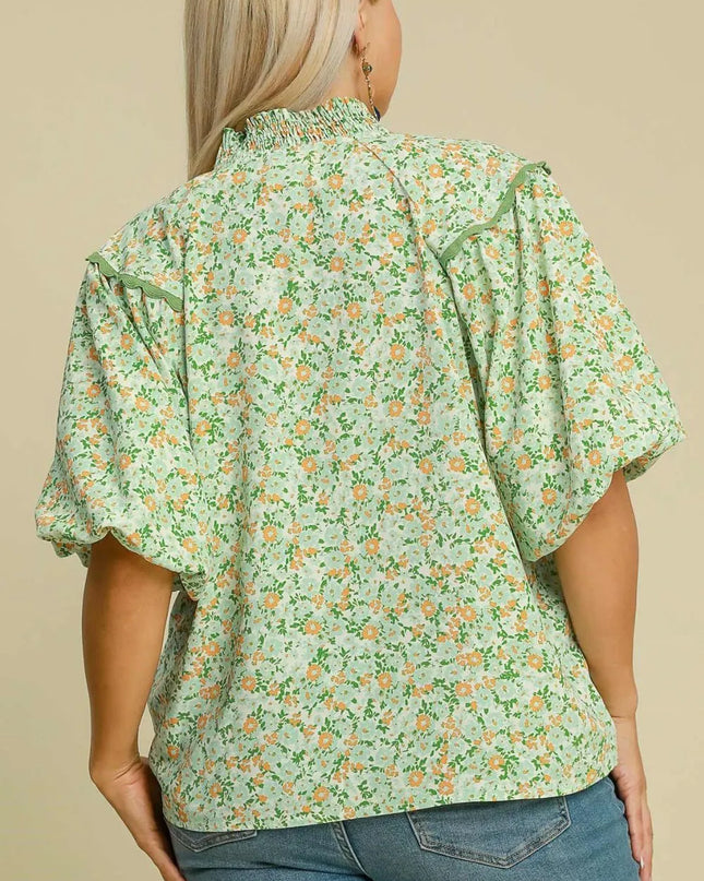 Umgee Full Size Floral Print Puff Sleeve Top Plus Size