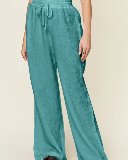 Double Take Full Size Texture Drawstring Wide Leg Pants Cerulean