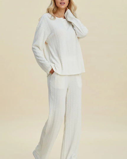 Double Take Full Size Cable-Knit Long Sleeve Top and Pants Set