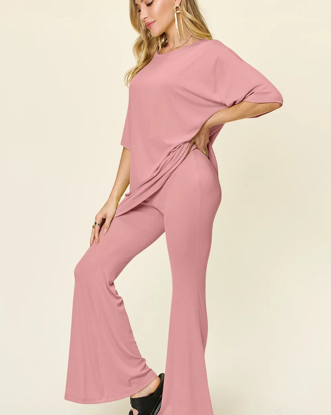 Double Take Full Size Round Neck Drop Shoulder T-Shirt and Flare Pants Set