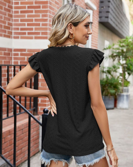 Eyelet Flutter Sleeve Scalloped V-Neck Top