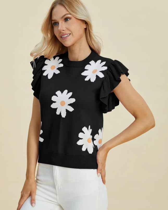 Double Take Full Size Ruffled Flower Round Neck Cap Sleeve Sweater
